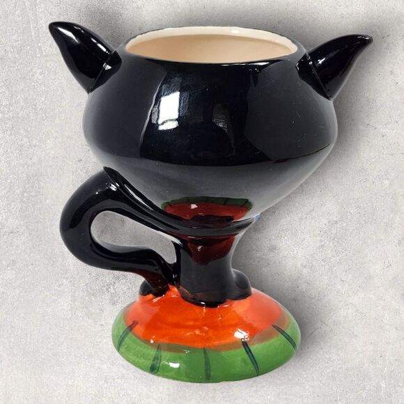 Black Cat Halloween Planter or Mug Whimsical Ceramic Goblet Style Kitty Spooky - Picture 3 of 10